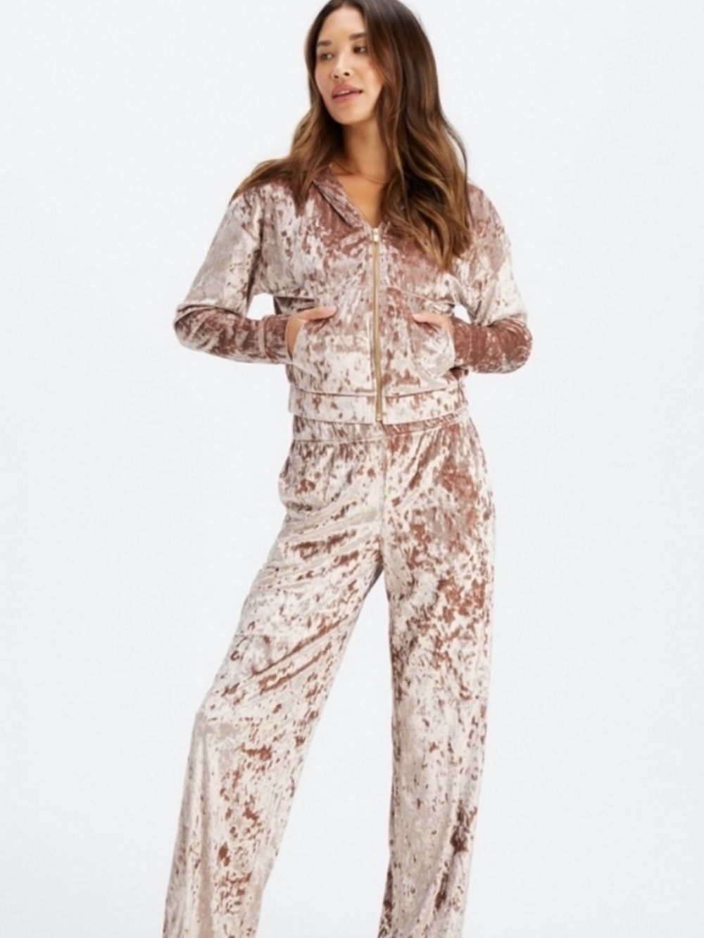 Fabletics Crushed Velvet Zip-Up Hoodie & Wide Leg Pants